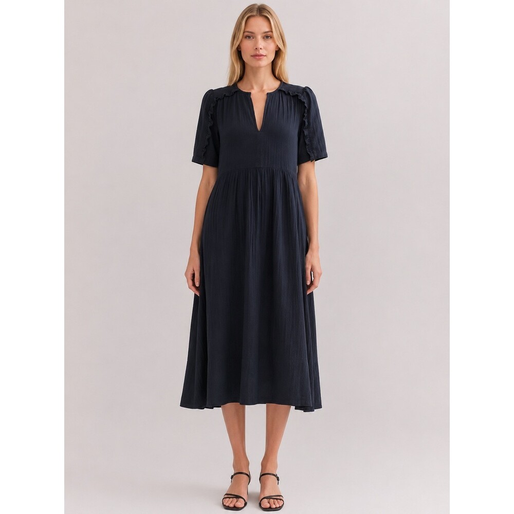 ME+EM Cheesecloth Relaxed Ruffle Midi Dress Navy Blue size  2 Cotton gauze